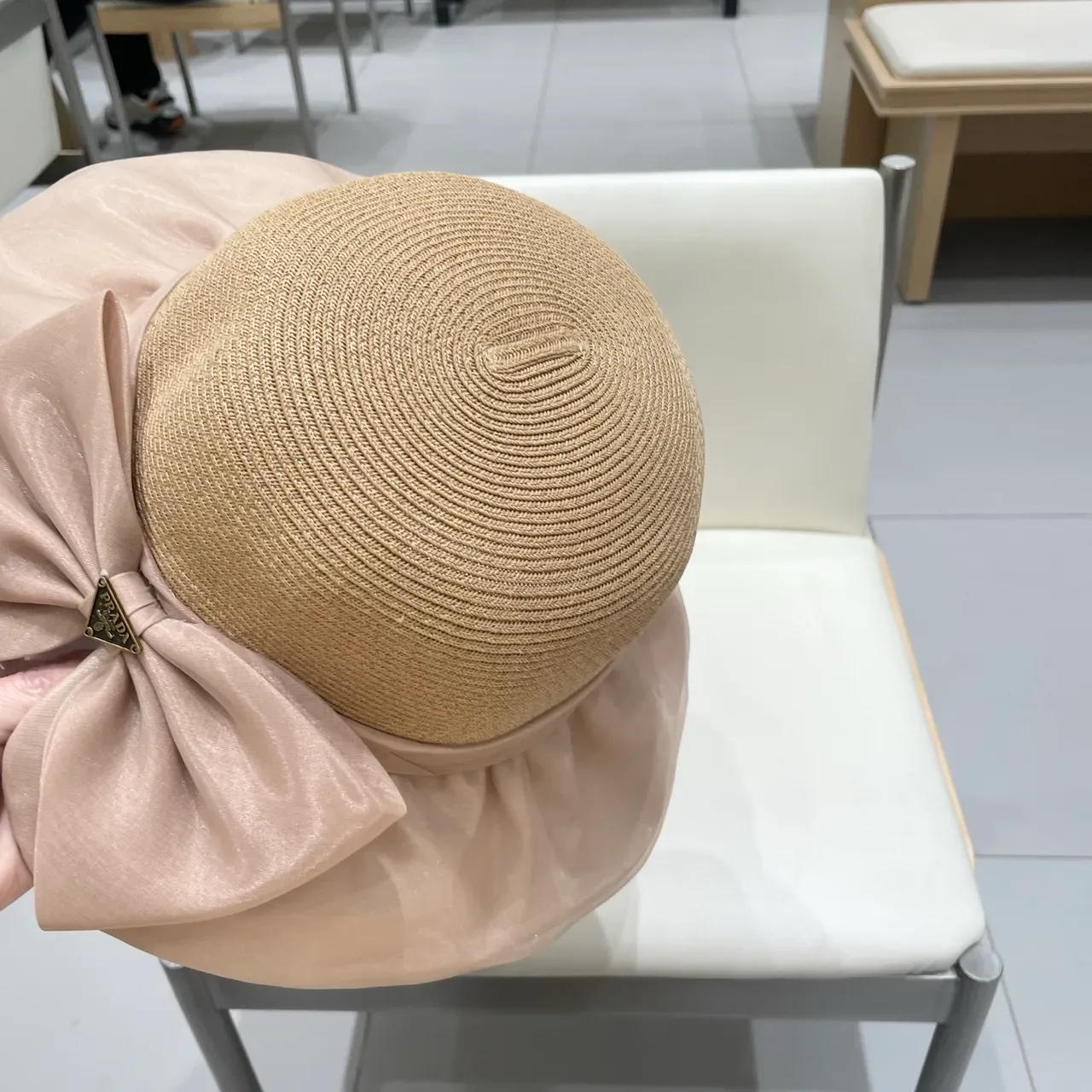 Prada Beige Pink Woven Straw Crown Wide Brim Fedora 5