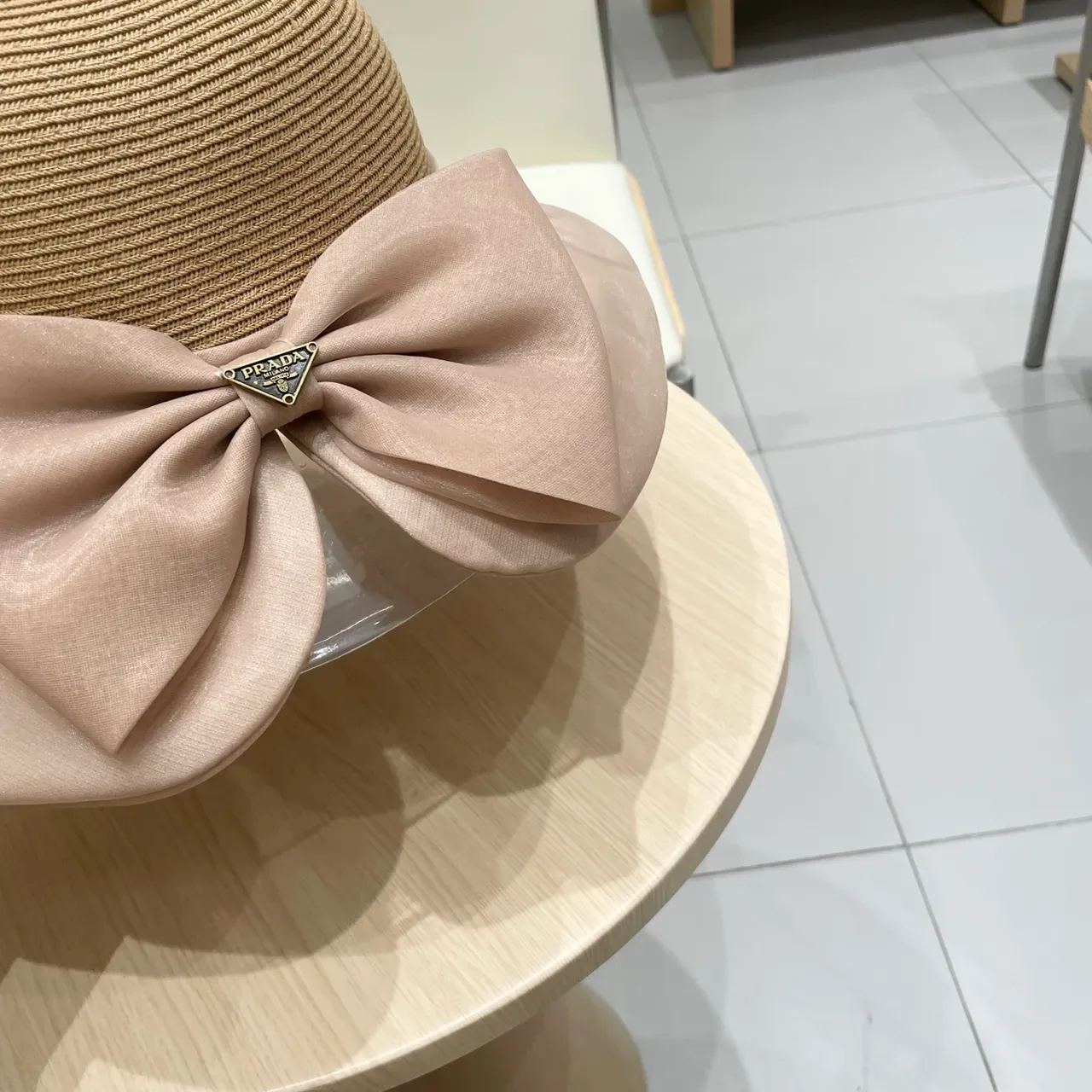 Prada Beige Pink Woven Straw Crown Wide Brim Fedora 7