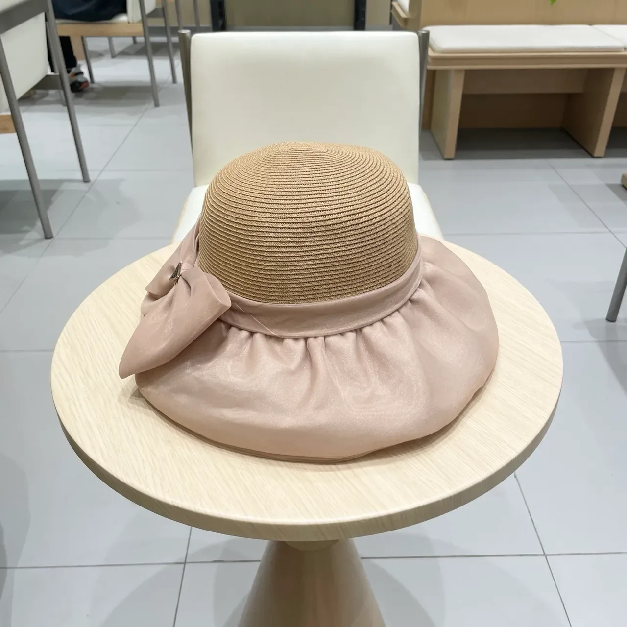 Prada Beige Pink Woven Straw Crown Wide Brim Fedora 9
