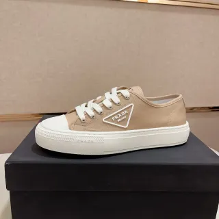 Prada Beige White Canvas Upper Rubber Sole Lifestyle Sneakers