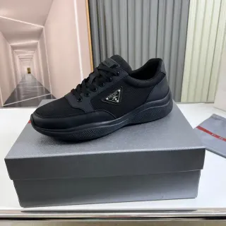 Prada Black Mesh And Synthetic Upper Triangular Metal Logo Lifestyle Sneakers