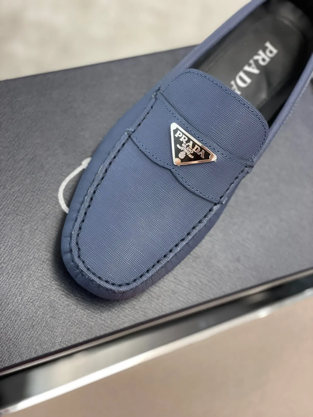 Prada Blue Black Textured Fabric Upper Moccasin-Stitched Toe Loafer 2