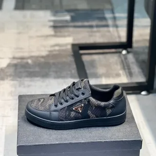 Prada Cloudbust Preto Bege Camo Malha Sobreposição Borda de Couro Estilo de vida Tênis