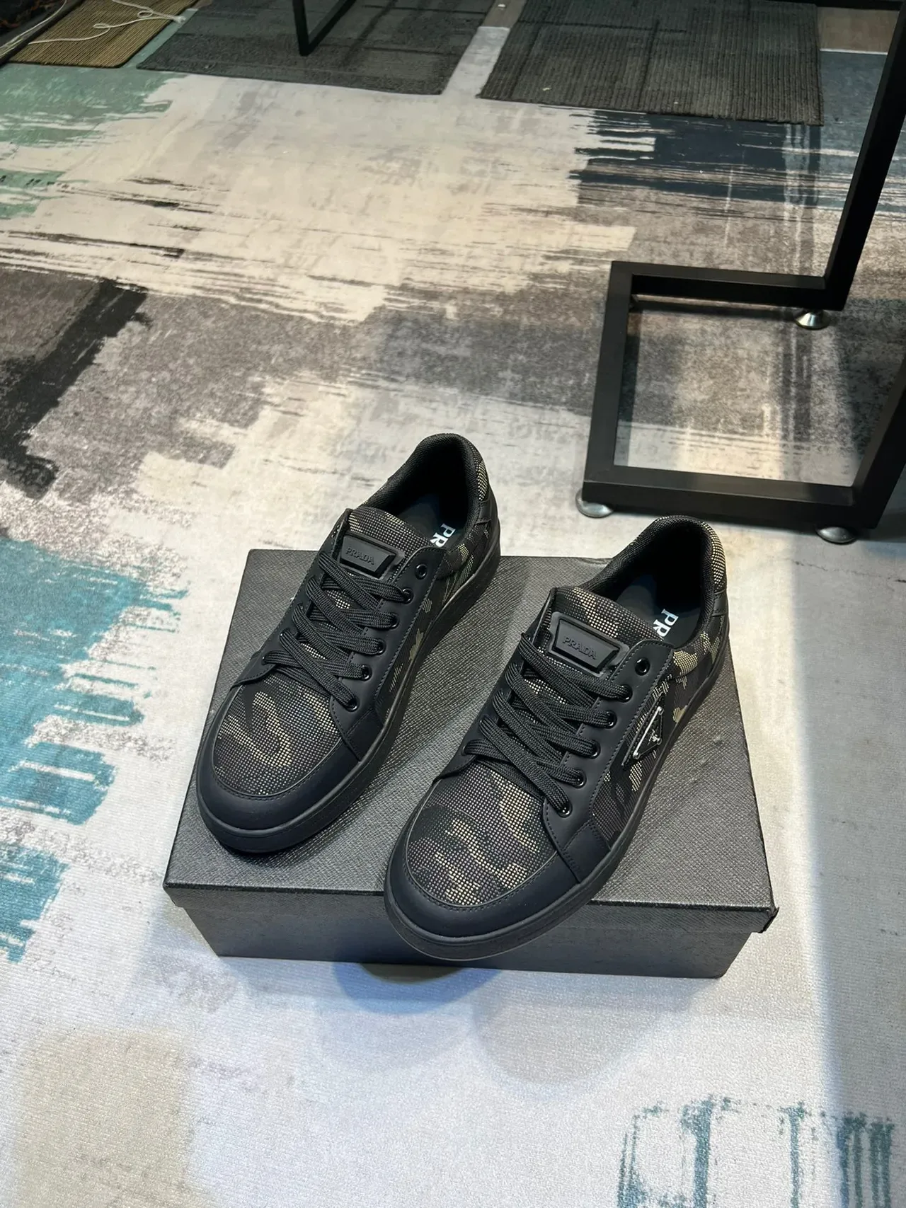 Prada Cloudbust Black Beige Camo Mesh Overlay Leather Trim Lifestyle Sneakers 5