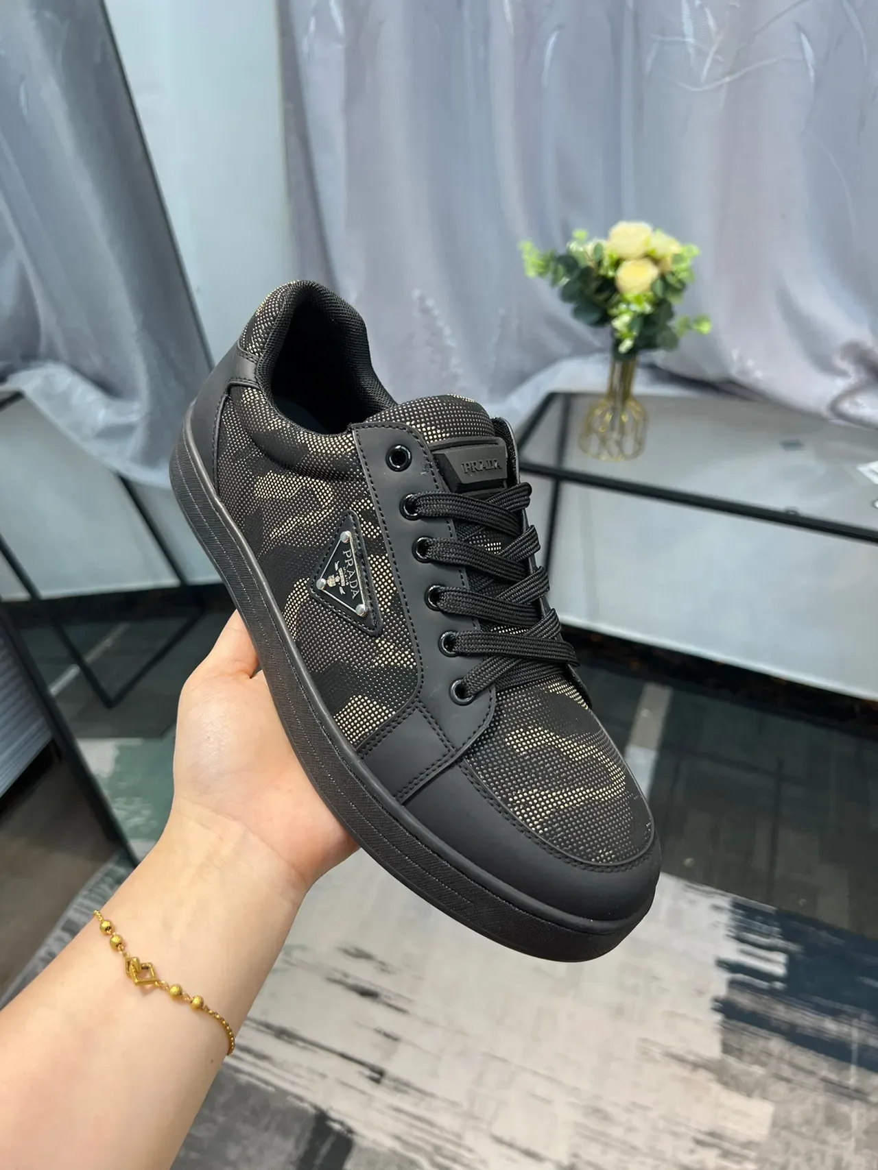 Prada Cloudbust Black Beige Camo Mesh Overlay Leather Trim Lifestyle Sneakers 6