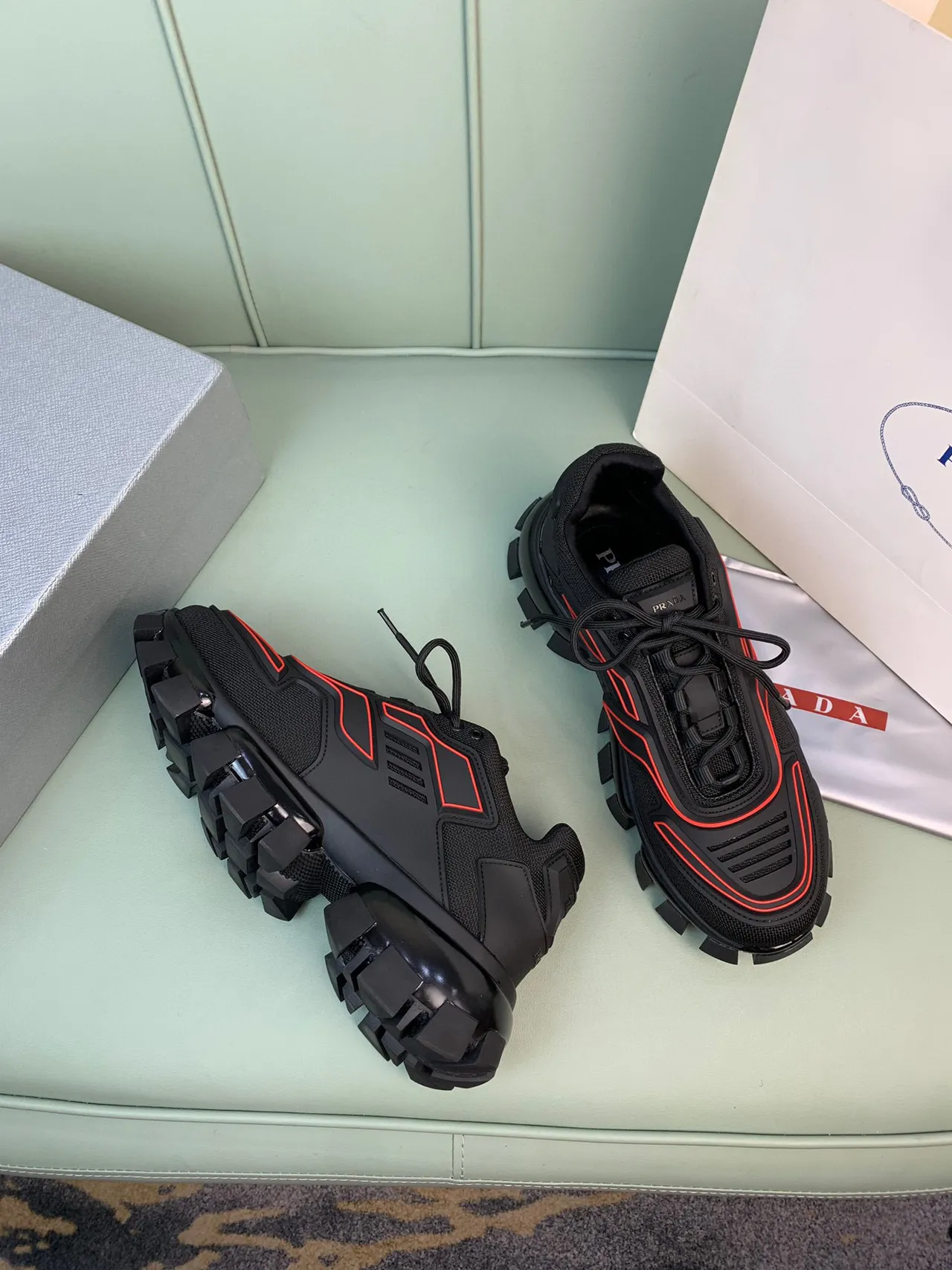 Prada Cloudbust Black Red Lug Sole Mesh Upper Chunky Sneakers 2
