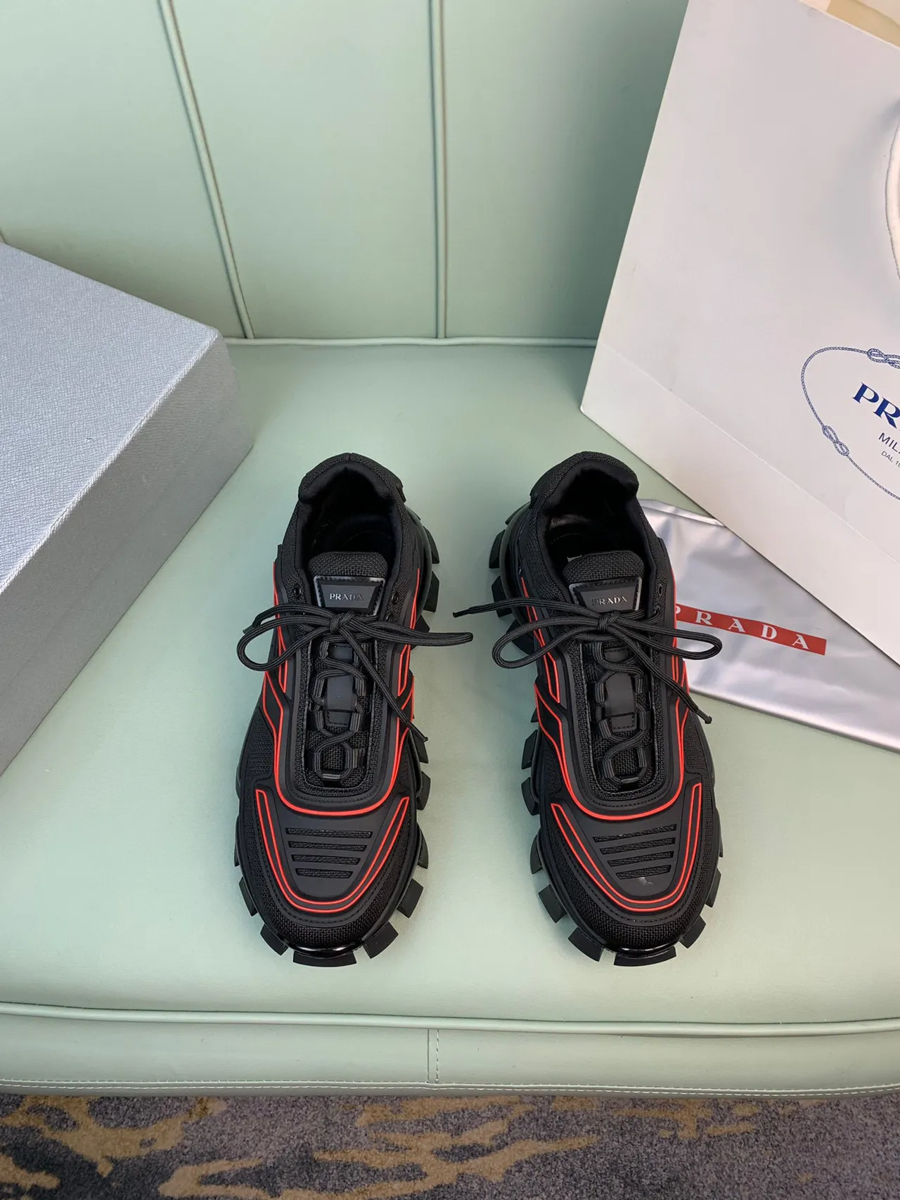 Prada Cloudbust Black Red Lug Sole Mesh Upper Chunky Sneakers 6