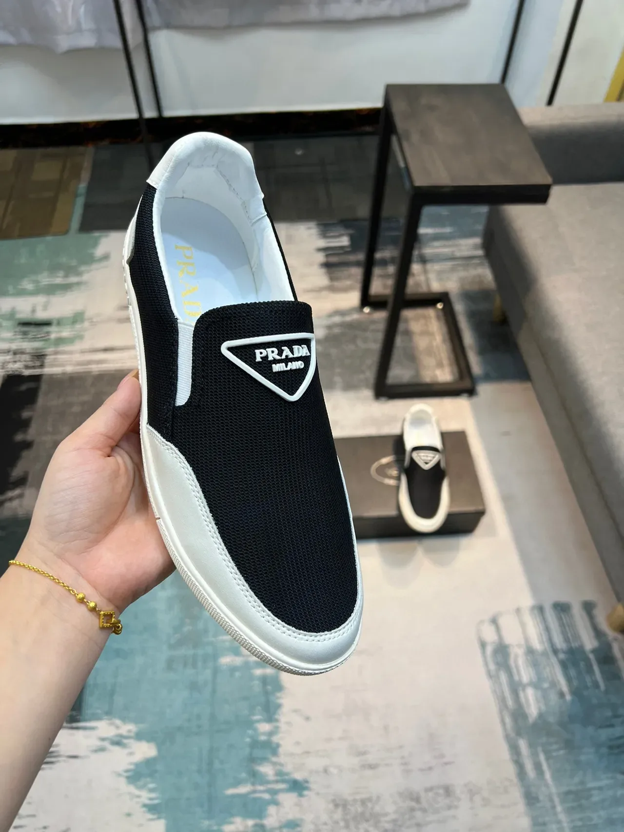 Prada Cloudbust Negro y Blanco Slip-On Malla y Cuero Superior Zapatillas Lifestyle 7
