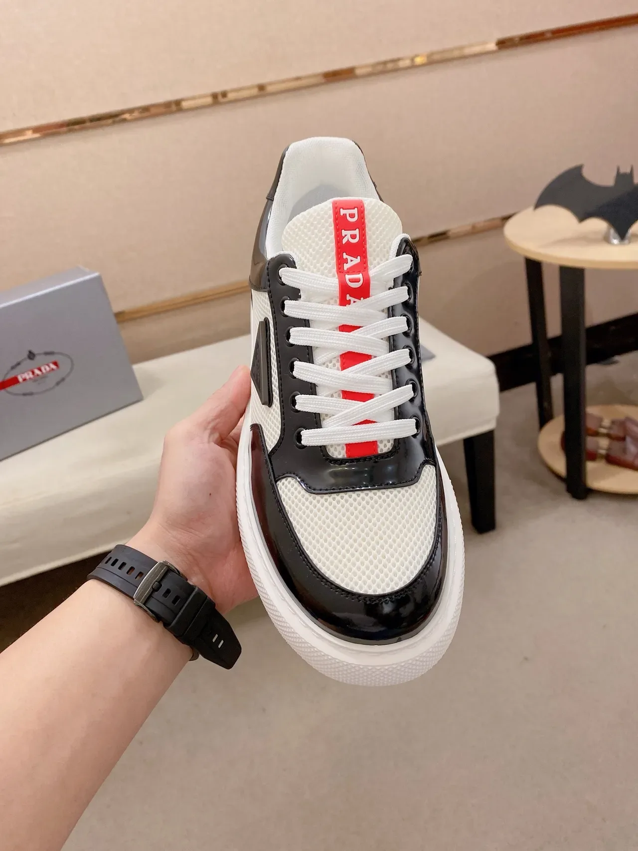 Prada Cloudbust White and Black Patent Mesh Lifestyle Sneakers 5