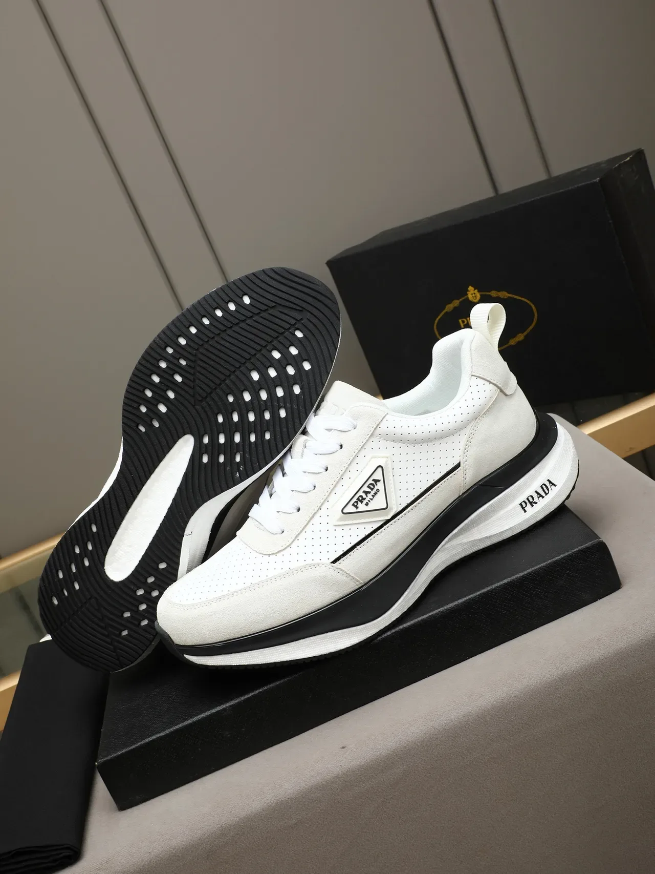 Prada Cloudbust White Black Perforated Upper Layered Platform Sole Lifestyle Sneakers 5