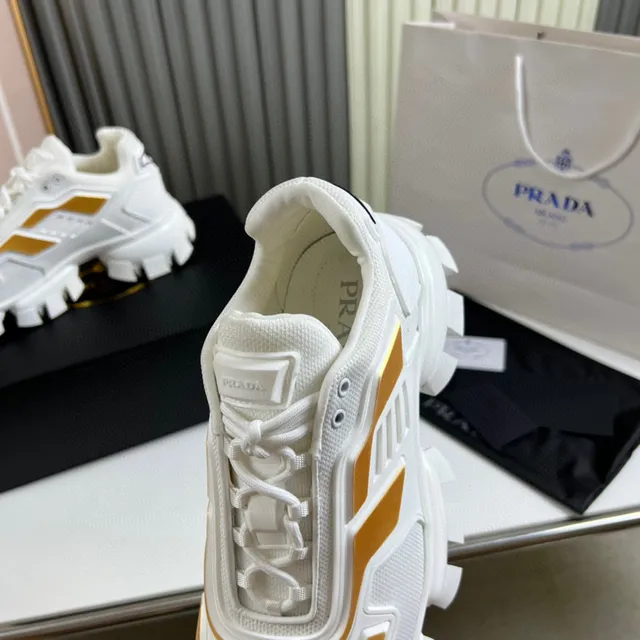 Prada Cloudbust White Gold Block-Tread Sole Mesh And TPU Overlay Construction Chunky Sneakers 3