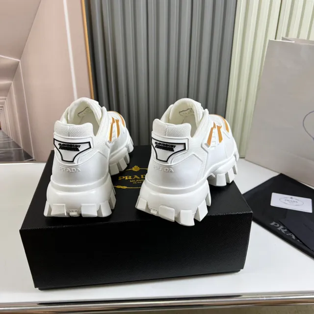 Prada Cloudbust White Gold Block-Tread Sole Mesh And TPU Overlay Construction Chunky Sneakers 6