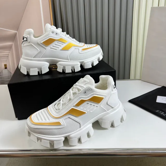 Prada Cloudbust White Gold Block-Tread Sole Mesh And TPU Overlay Construction Chunky Sneakers 8