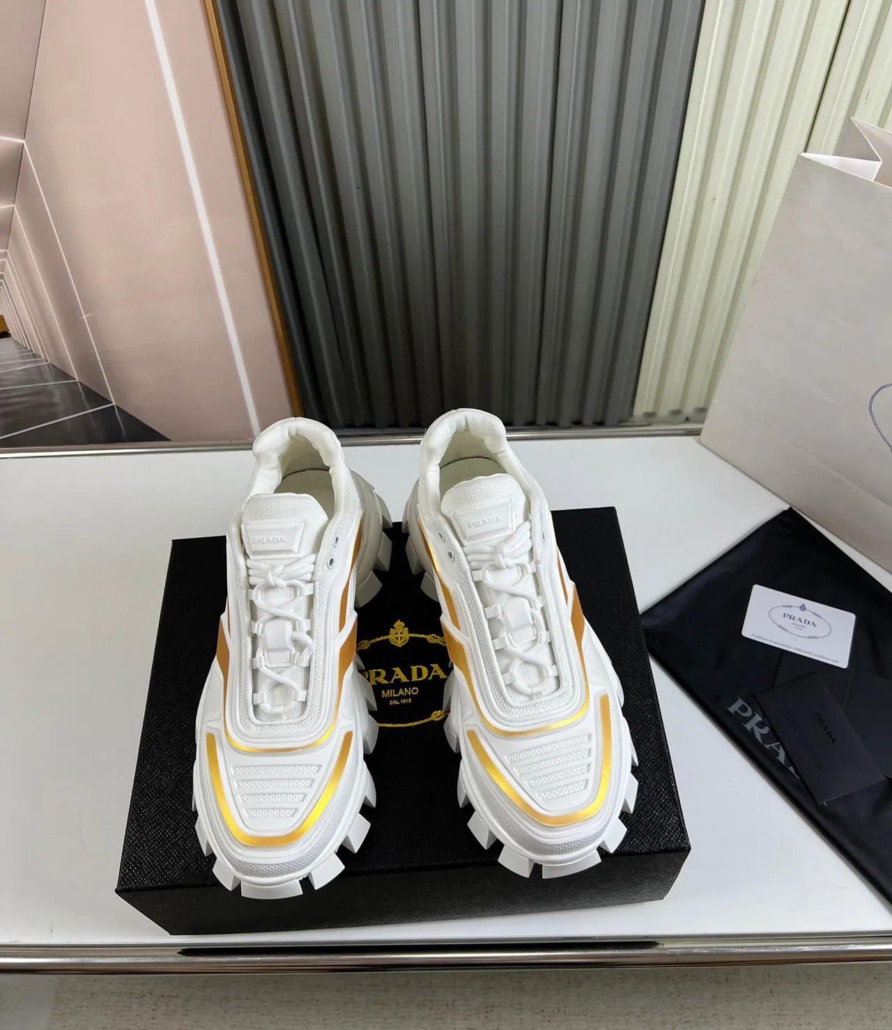 Prada Cloudbust White Gold Block-Tread Sole Mesh And TPU Overlay Construction Chunky Sneakers 9