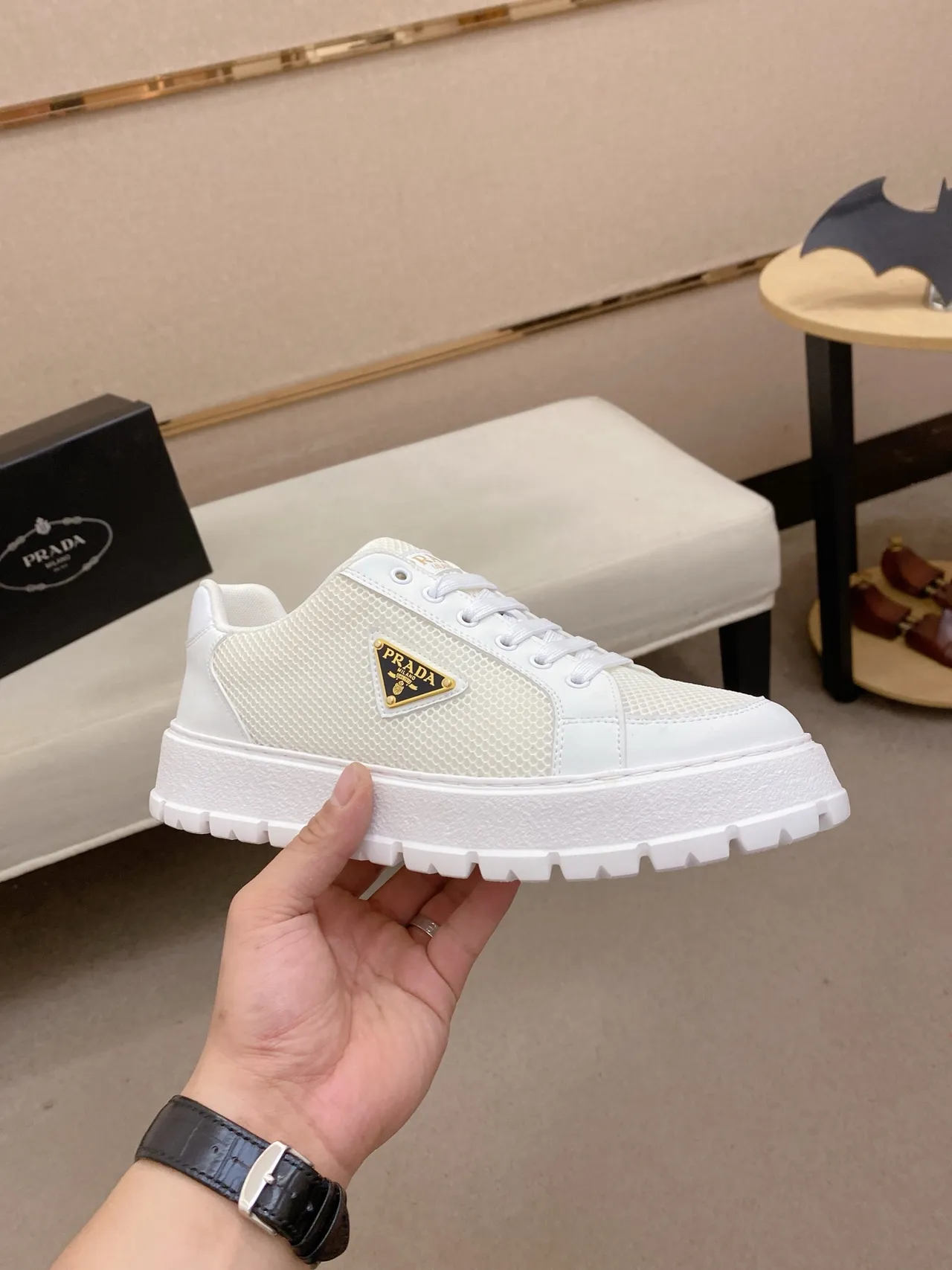 Prada Cloudbust White Gold Platform Sole Mesh And Leather Upper Chunky Sneakers 4