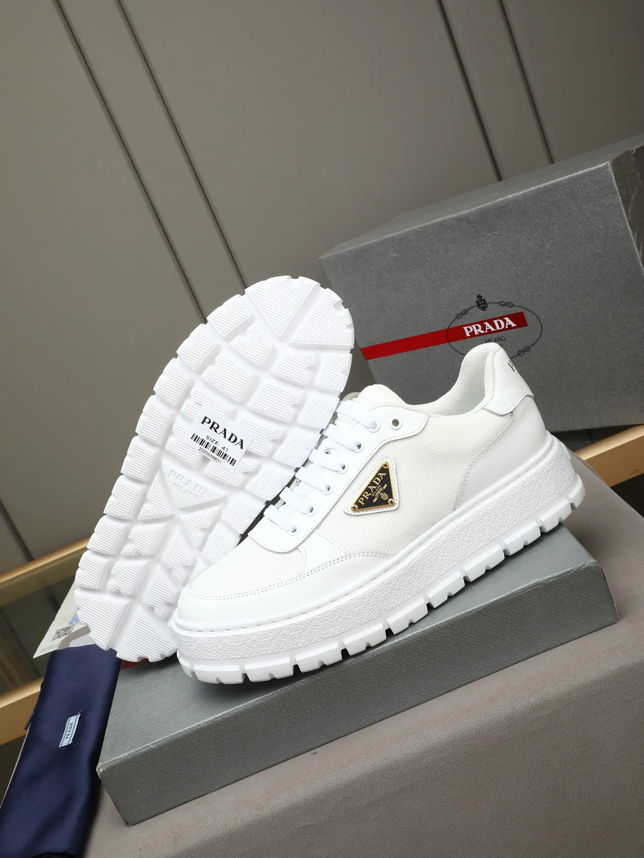 Prada Cloudbust White Platform Sole Mixed Textile And Leather Upper Chunky Sneakers 4