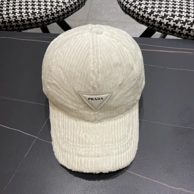 Prada Corduroy Black Beige Texture Plush-Lined Interior Baseball Cap 2