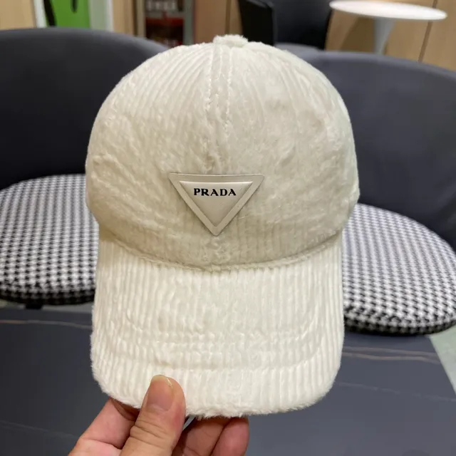 Prada Corduroy Black Beige Texture Plush-Lined Interior Baseball Cap 5