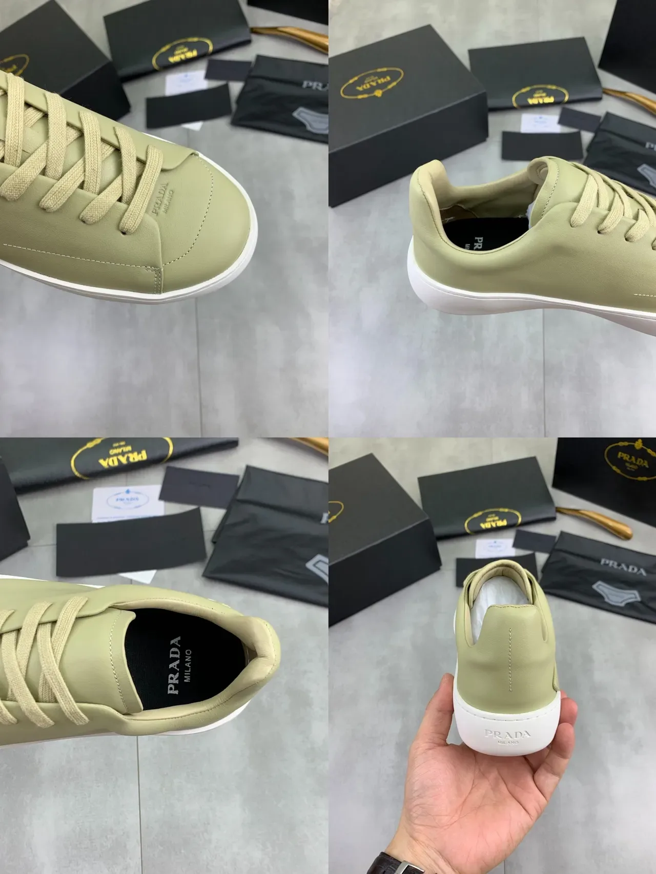 Prada Green White Minimalist Leather Tonal Lacing Lifestyle Sneakers 2