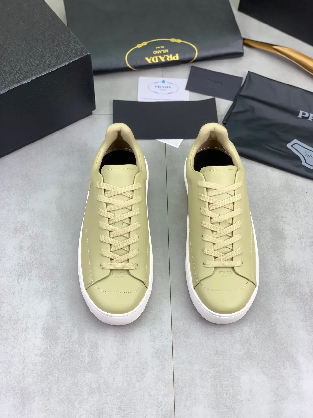 Prada Green White Minimalist Leather Tonal Lacing Lifestyle Sneakers 4