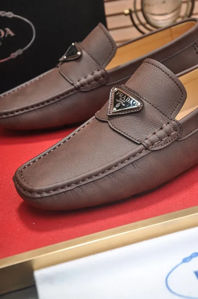Prada Loafer Brown Beige Leather Metal Triangle Logo Plaque Loafer 2