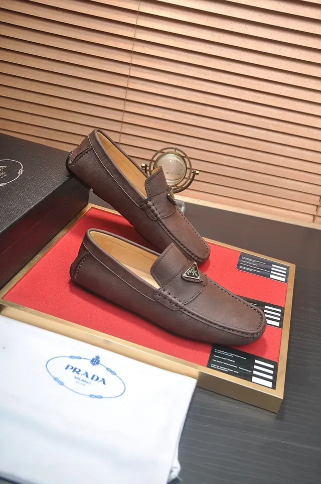 Prada Loafer Brown Beige Leather Metal Triangle Logo Plaque Loafer 4