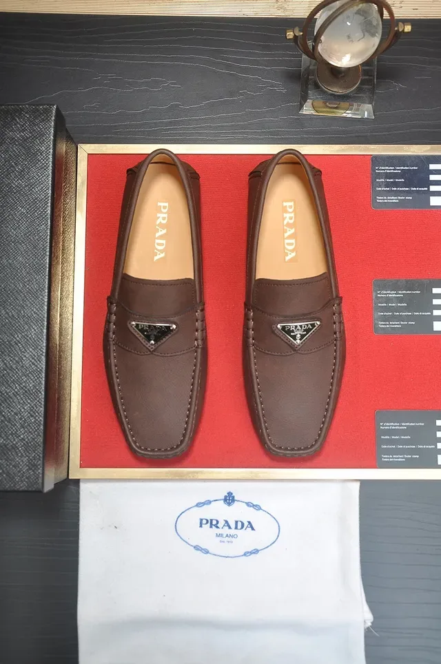 Prada Loafer Brown Beige Leather Metal Triangle Logo Plaque Loafer 5