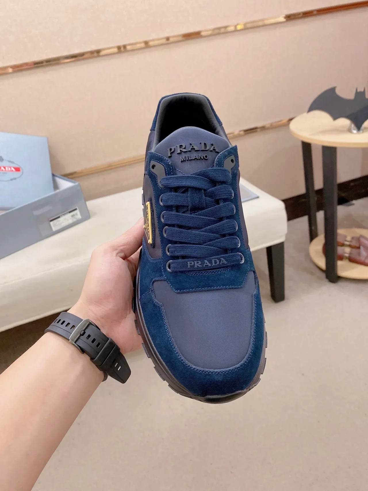 Prada Navy Black Mixed-Material Upper Triangular Logo Plaque Lifestyle Sneakers 6