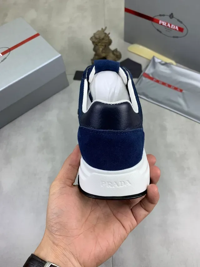 Prada Navy White Suede And Mesh Upper Contrast Midsole Lifestyle Sneakers 3
