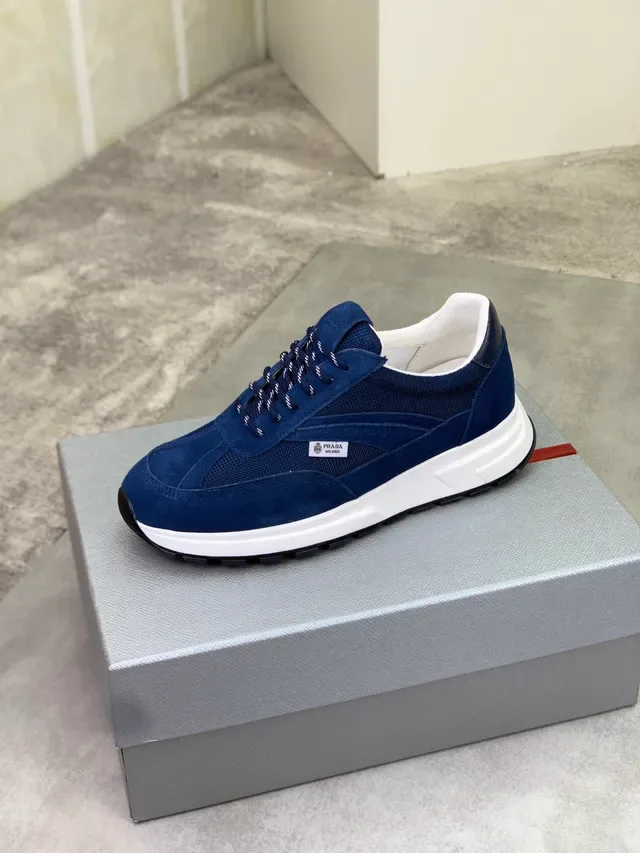Prada Navy White Suede And Mesh Upper Contrast Midsole Lifestyle Sneakers 4