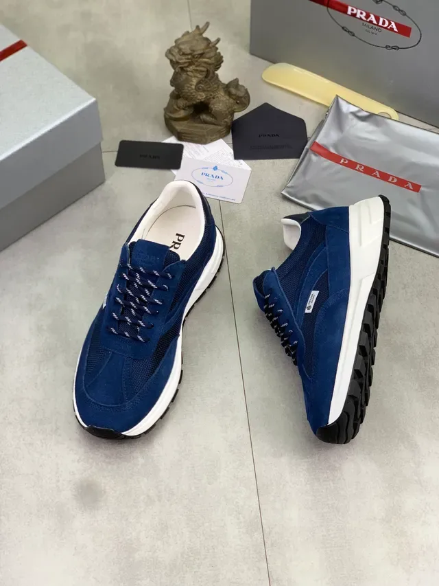 Prada Navy White Suede And Mesh Upper Contrast Midsole Lifestyle Sneakers 5
