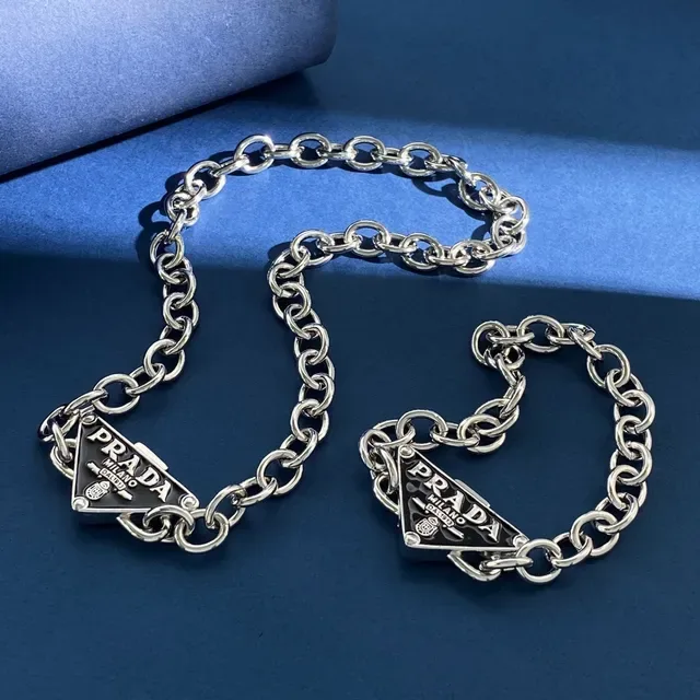Prada Triangle Logo Silver Black Curb Chain Enamel Pendants Necklace 3