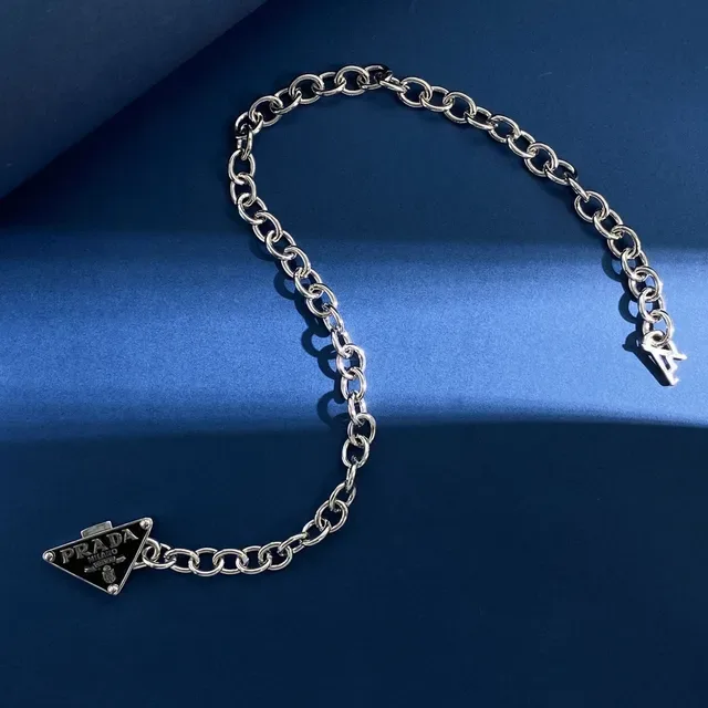 Prada Triangle Logo Silver Black Curb Chain Enamel Pendants Necklace 4