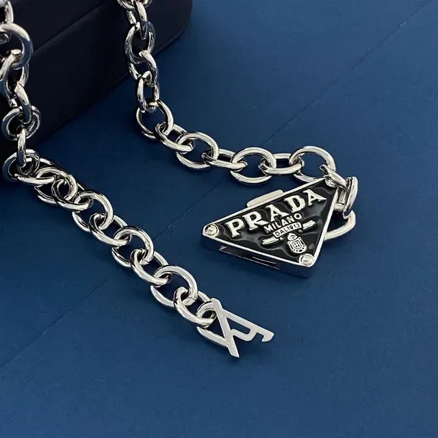 Prada Triangle Logo Silver Black Curb Chain Enamel Pendants Necklace 5