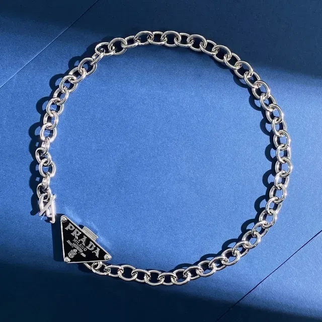 Prada Triangle Logo Silver Black Curb Chain Enamel Pendants Necklace 8