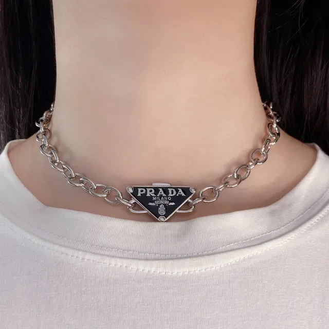Prada Triangle Logo Silver Black Curb Chain Enamel Pendants Necklace 9