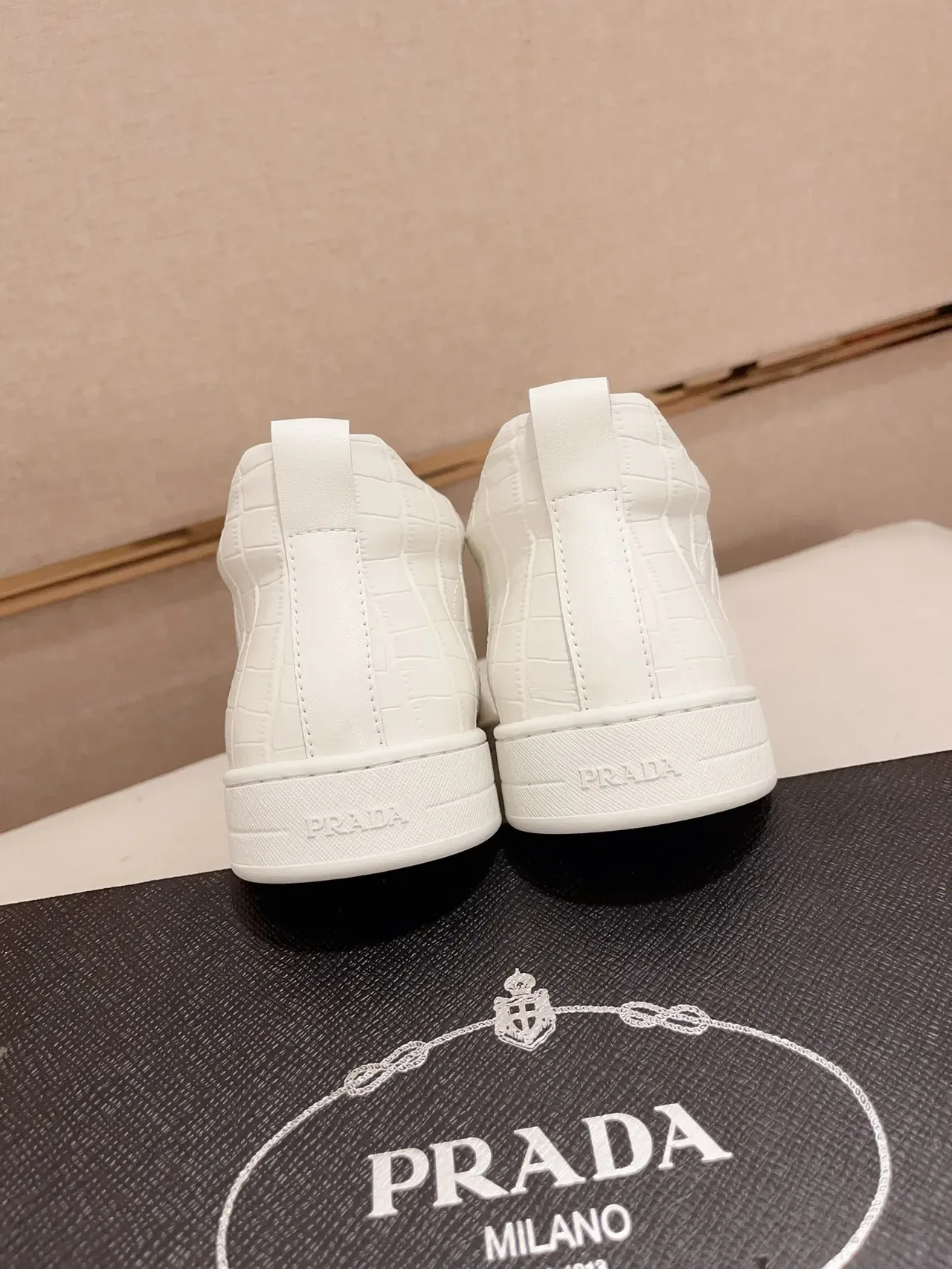 Prada White Beige Laceless Slip-On Croc-Embossed Leather Lifestyle Sneakers 3