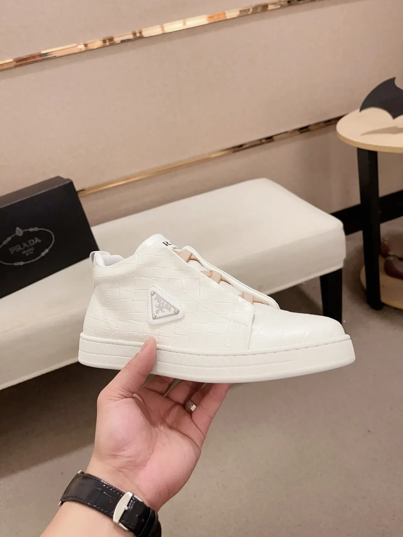 Prada White Beige Laceless Slip-On Croc-Embossed Leather Lifestyle Sneakers 4