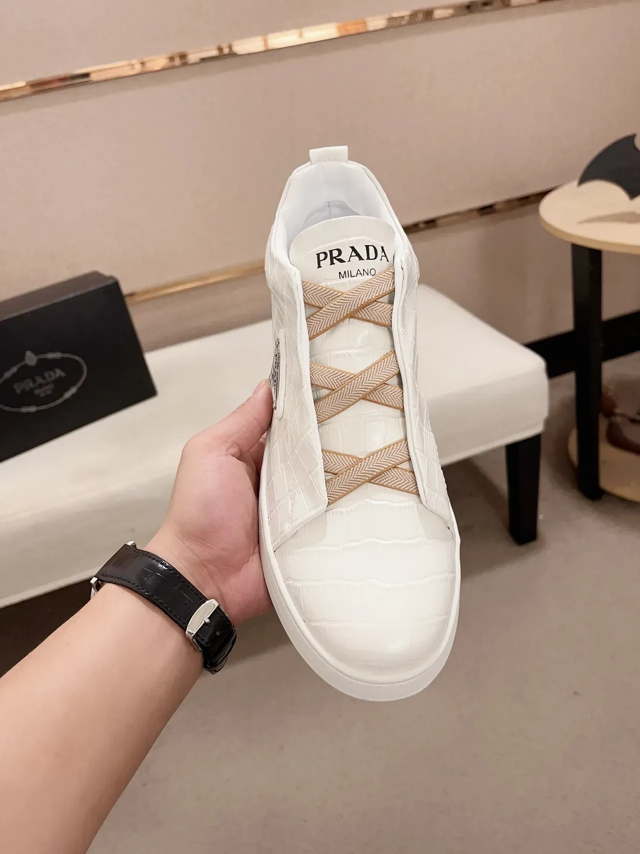 Prada White Beige Laceless Slip-On Croc-Embossed Leather Lifestyle Sneakers 5