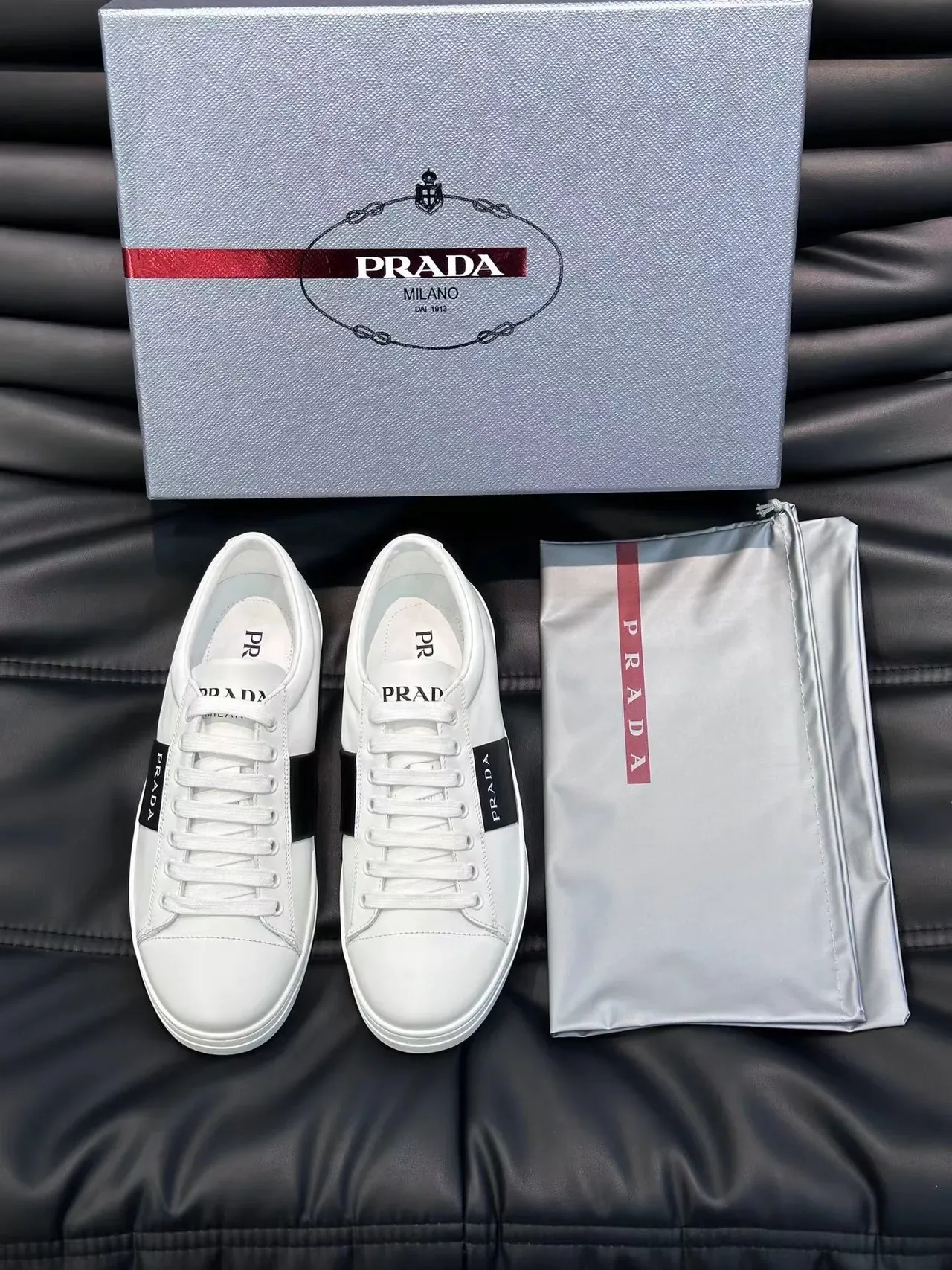 Prada White Black Leather Upper Low-Top Lifestyle Sneakers 4