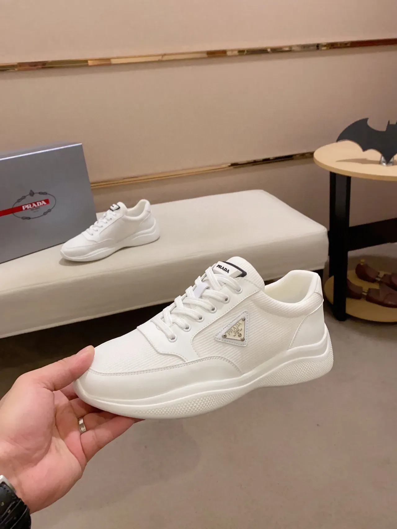Prada Blanc Noir Low-Top Maille et Cuir Sneakers Lifestyle 3