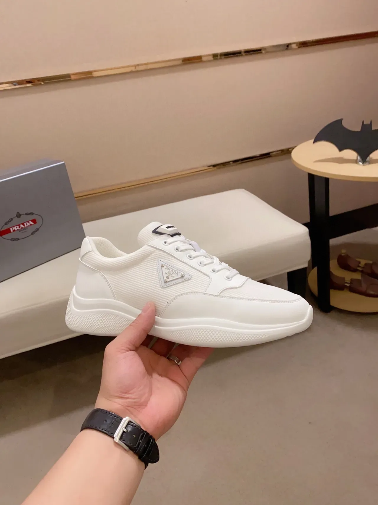 Prada Blanc Noir Low-Top Maille et Cuir Sneakers Lifestyle 4