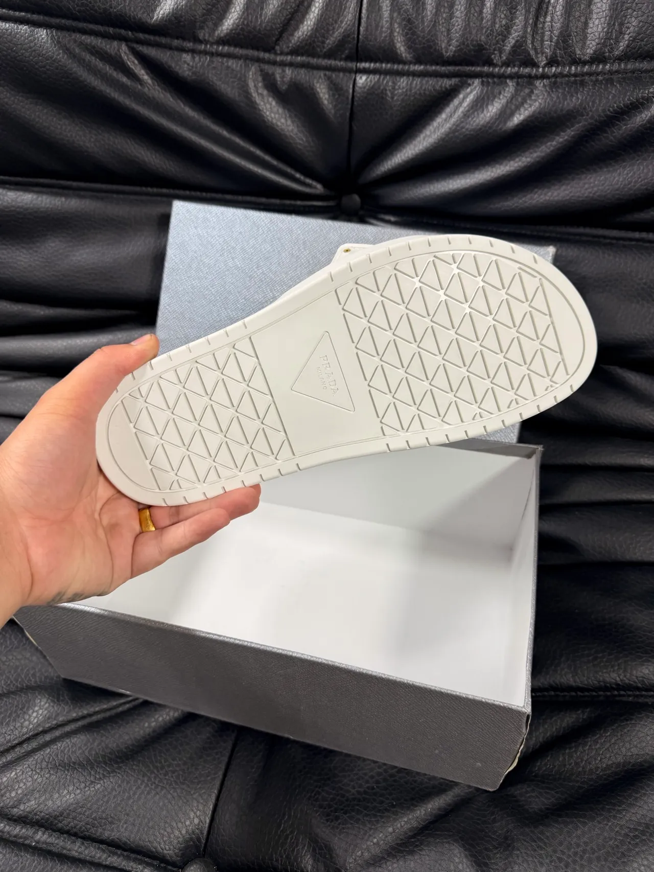 Prada White Gold Leather Buckle Slippers 2