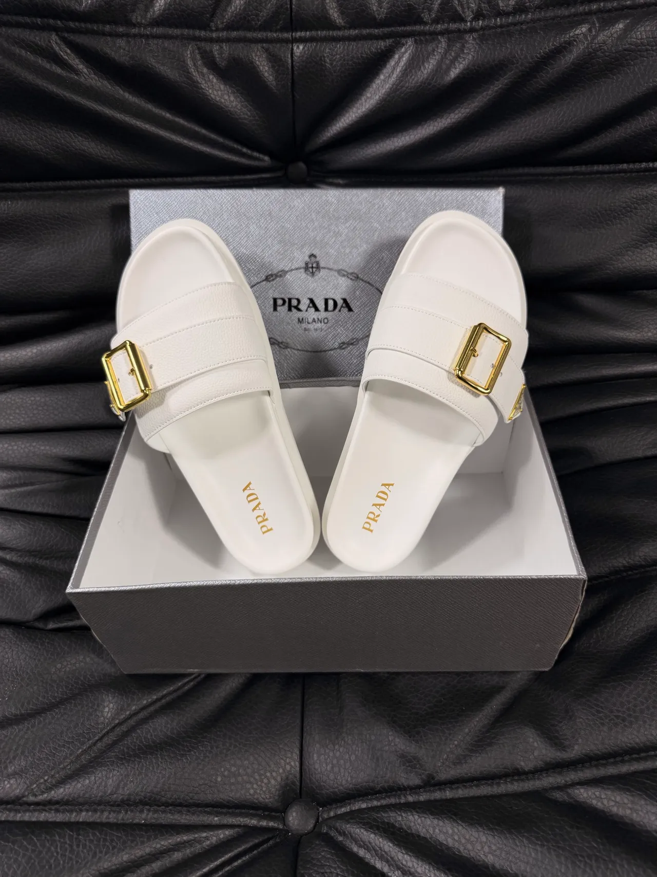 Prada White Gold Leather Buckle Slippers 3