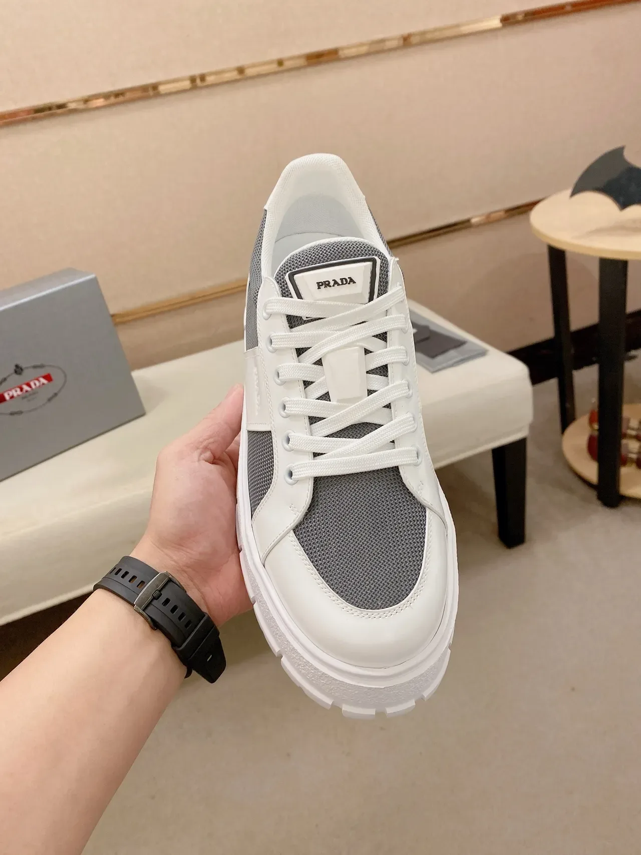 Prada White Gray Low-Top Platform Sole Chunky Sneakers 5