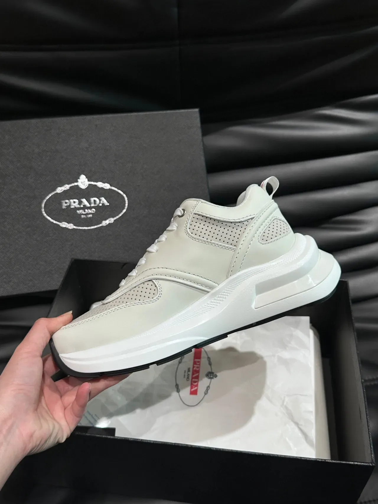 Prada White Red Perforated Toe Panel Layered Synthetic Upper Lifestyle Sneakers 6