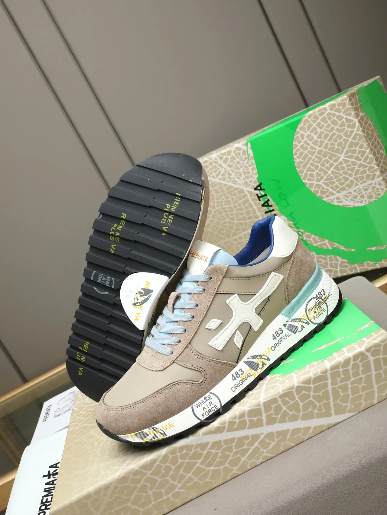 Premiata Beige Blue Retro Runner Silhouette Suede And Textile Upper Sneakers 4