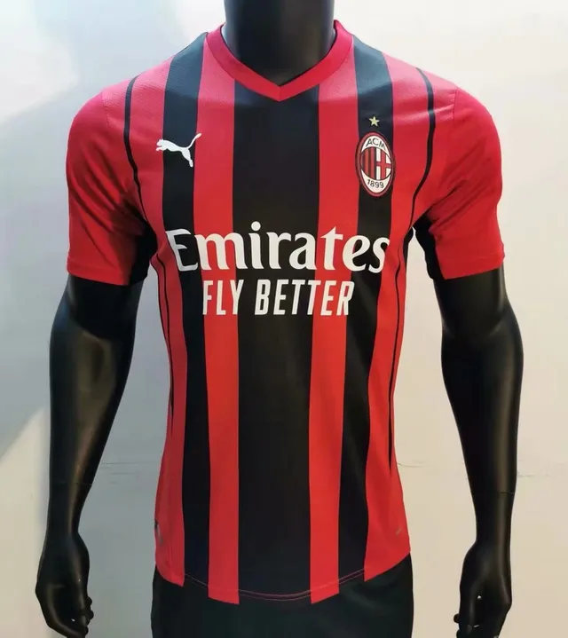 Puma AC Milan হোম লাল কালো উল্লম্ব স্ট্রাইপড V-নেক জার্সি 3