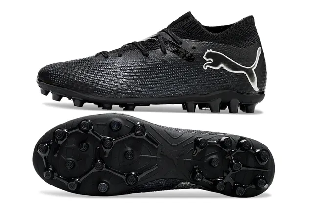 Puma أحذية كرة القدم السوداء والفضية مع ياقة محبوكة وجزء علوي اصطناعي متنقش للأرض الصلبة 6