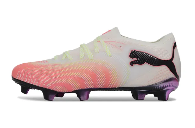 Puma Zapatillas de fútbol de corte bajo con empeine sintético rosa morado degradado de coral a blanco para terreno firme 7